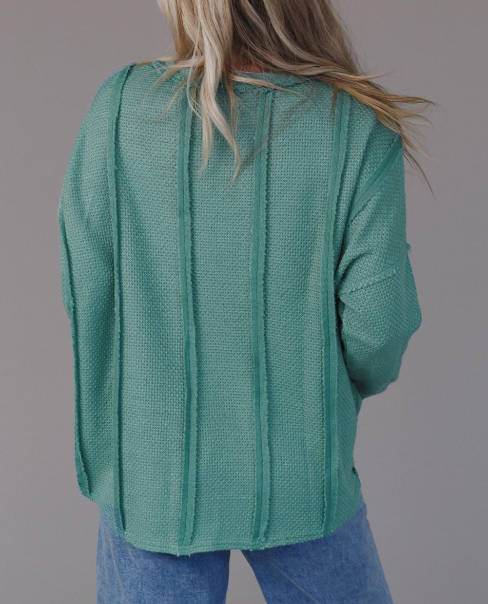 Green Seamed Stitching Waffle Knit Top
