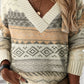 Geometric Print Ribbed Knitted V Neck Sweater
