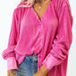 Pink V Neck Collared Button Pleated Shirt