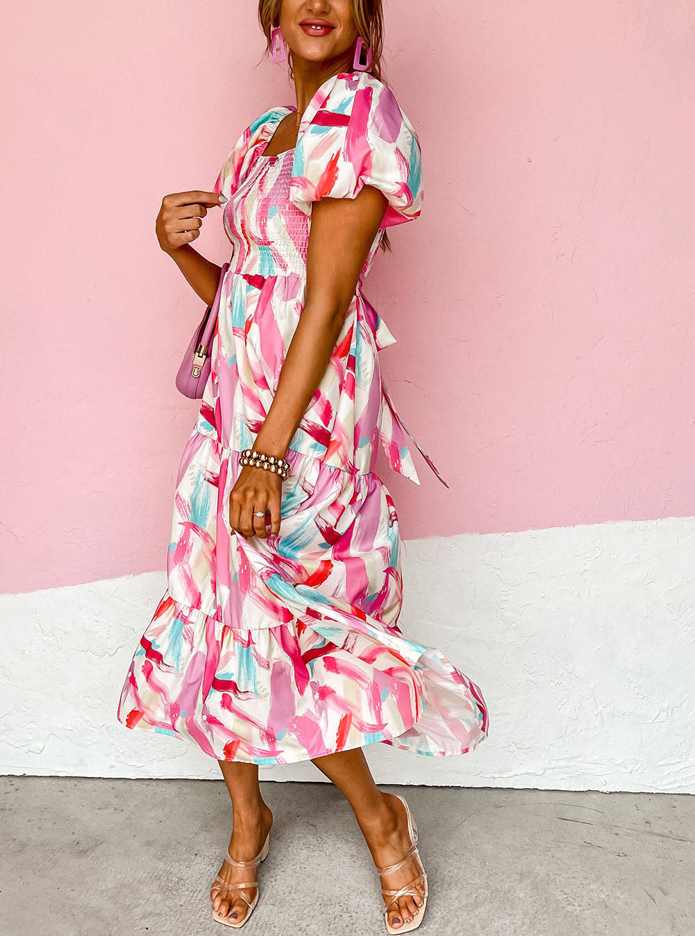 Brush Stroke Printed Smocked Ruffle Tiered Dress