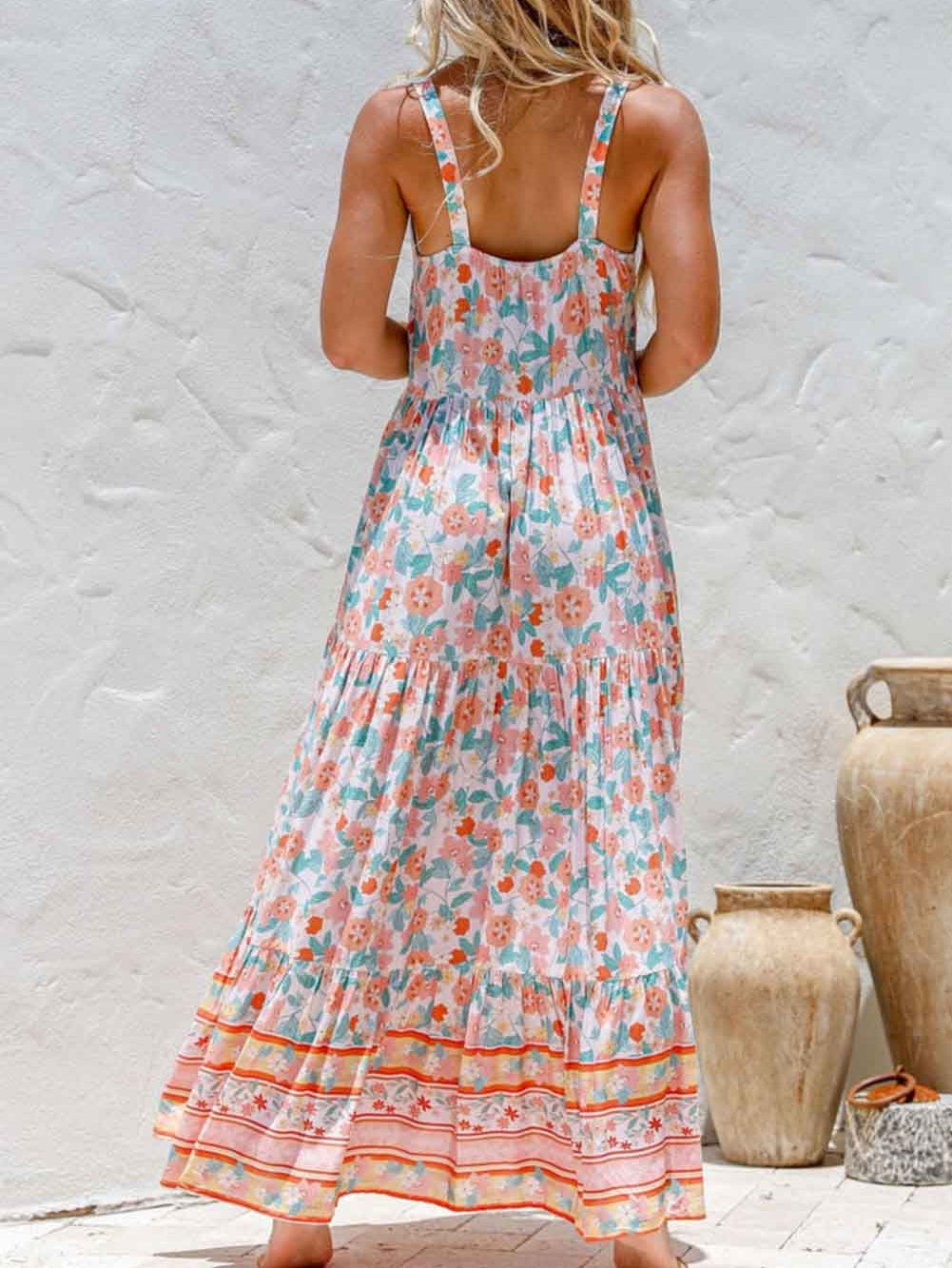 Boho Floral Print Sleeveless Tiered Maxi Dress