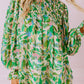 Leafy Printed Flounce Sleeve Shirred Mock Neck Blouse