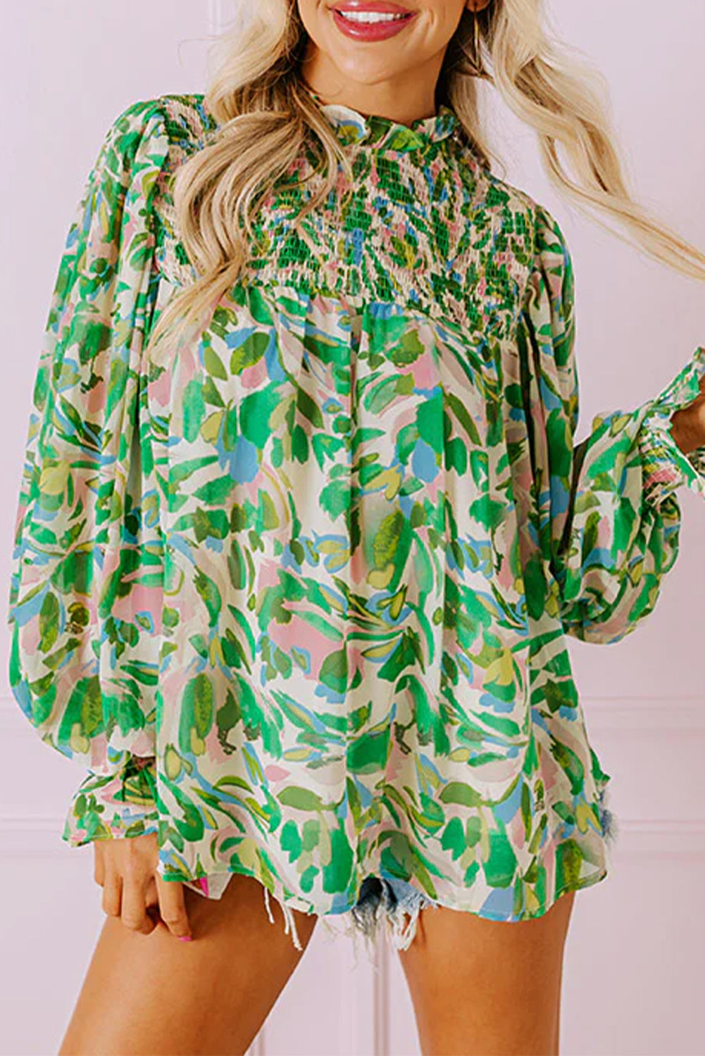 Leafy Printed Flounce Sleeve Shirred Mock Neck Blouse