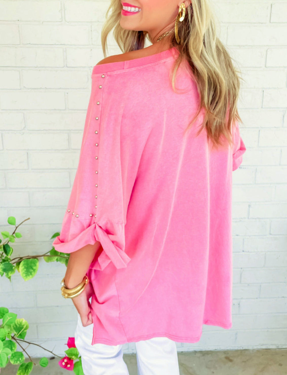 Wash Studded Batwing Sleeve Oversized Top