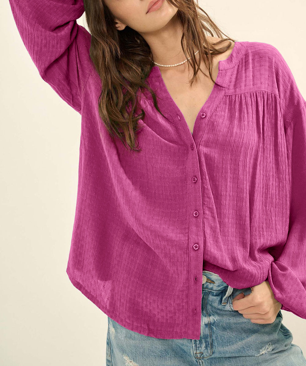 Solid Color Jacquard Puff Sleeve Button up Shirt