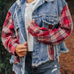 Plaid Print Patchwork Hooded Raw Hem Denim Jacket