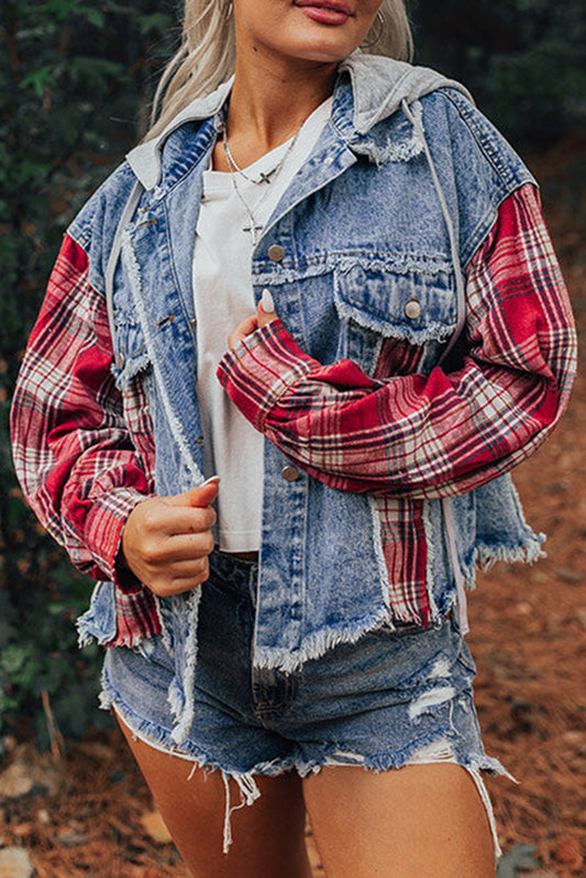 Plaid Print Patchwork Hooded Raw Hem Denim Jacket