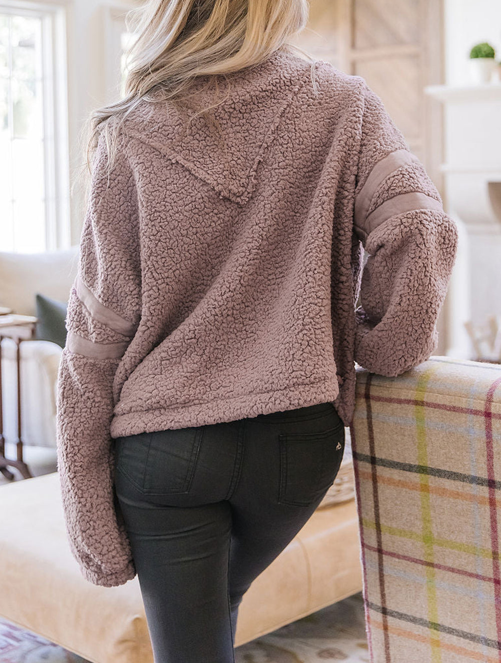 Pink Collared Neckline Half Zip Fluffy Pullover Sweatshirt