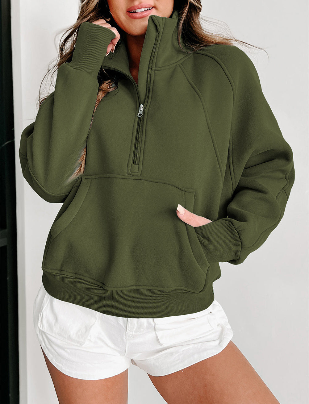Zip Up Stand Collar Ribbed Thumbhole Sleeve Sweatshirt