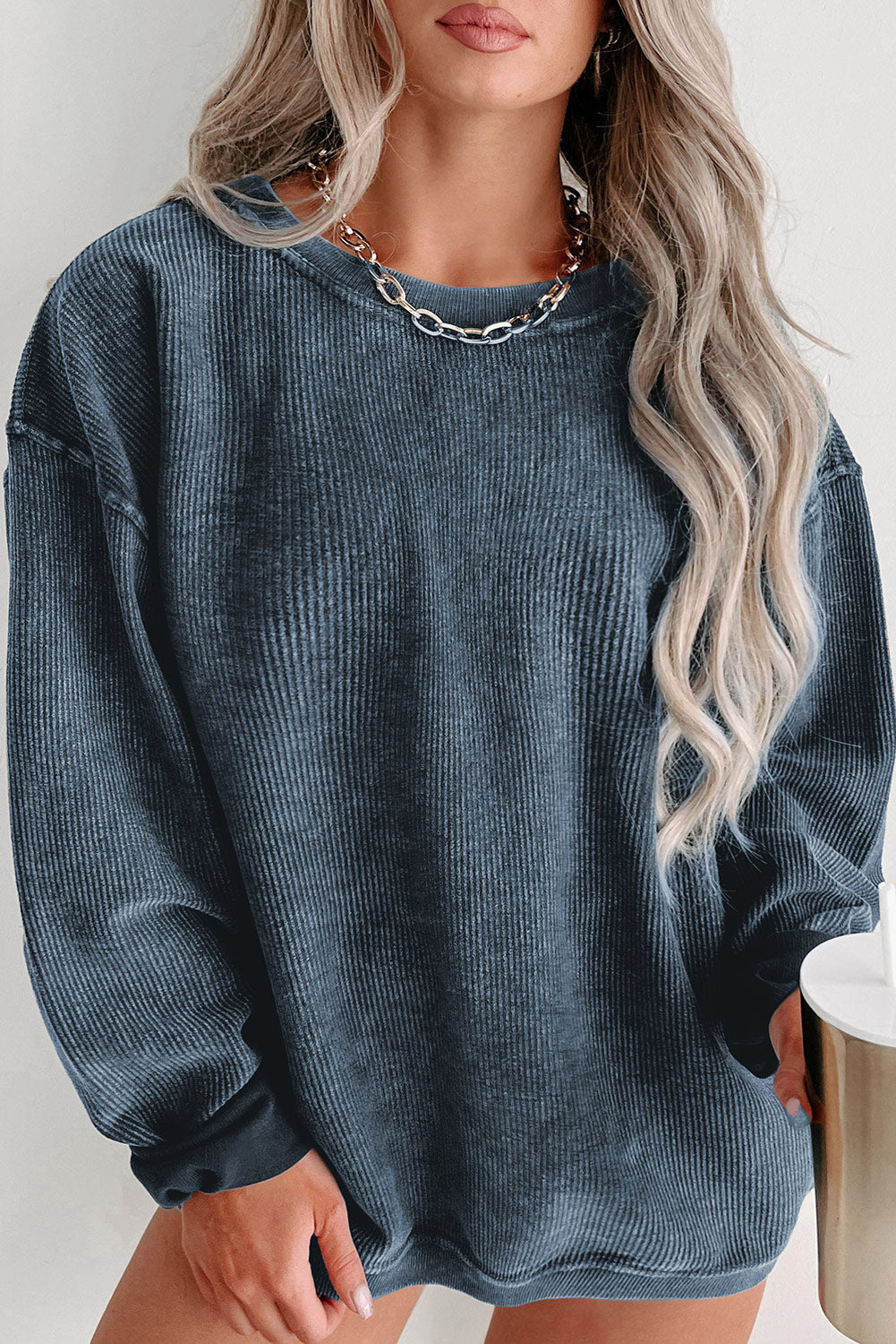Plus Size Corded Round Neck Sweatshirt
