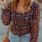 Black V Neck Bubble Sleeve Floral Blouse