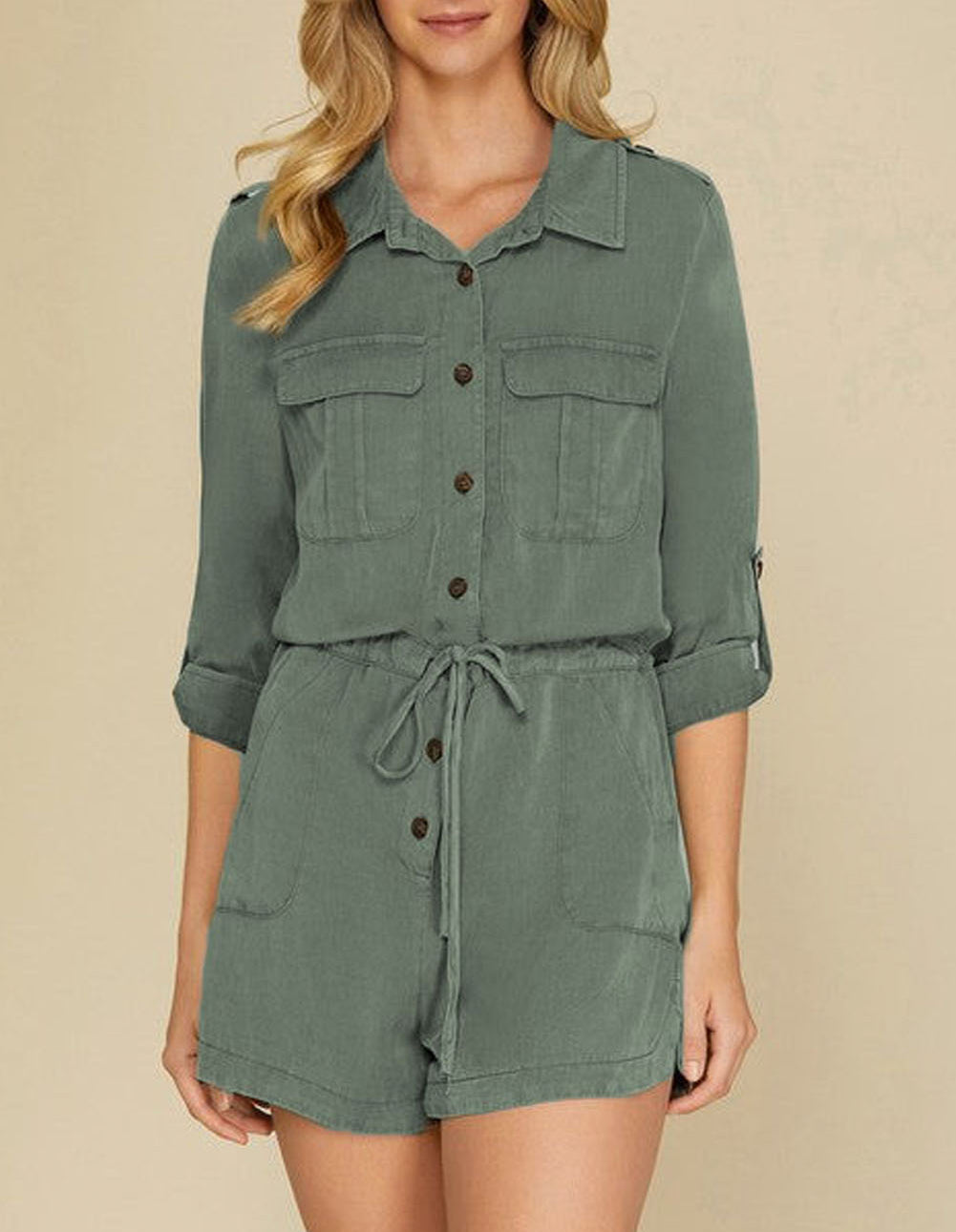 Roll up Sleeve Flap Pockets Drawstring Playsuit