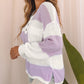 Striped Knit Button Ribbed Split Neck Sweater