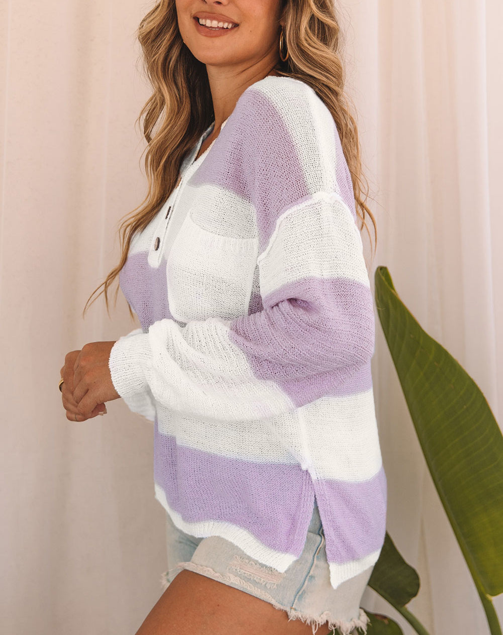 Striped Knit Button Ribbed Split Neck Sweater