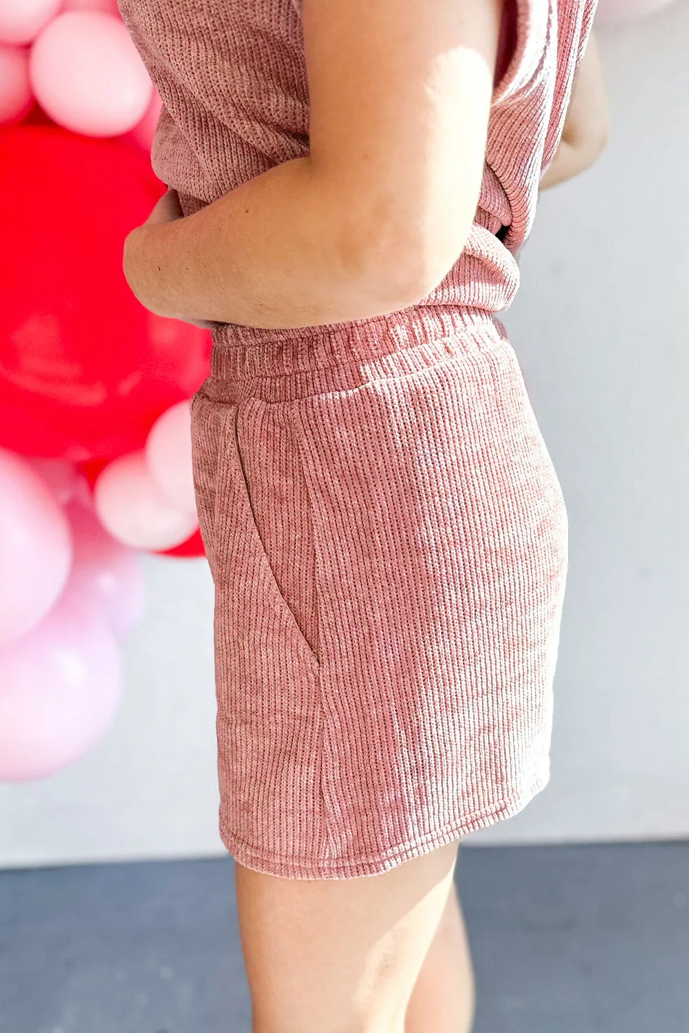 Two Piece Knitted Short Sleeve Top and Shorts Set