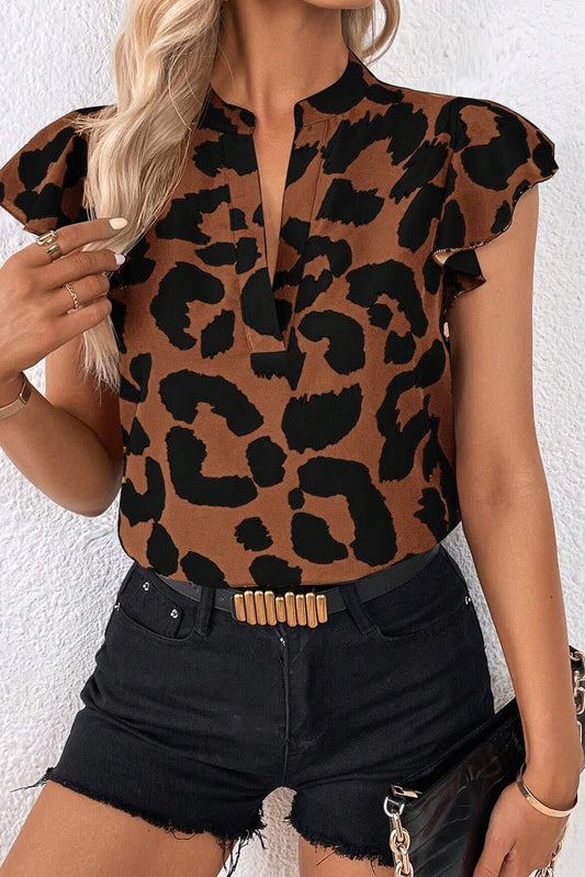 Leopard Ruffled Flutter Sleeve Split Neck Blouse