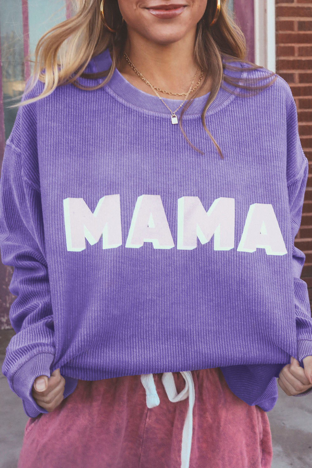 MAMA Ribbed Crew Neck Pullover Sweatshirt