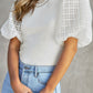 White Checkered Puff Sleeve Ribbed Knit Top