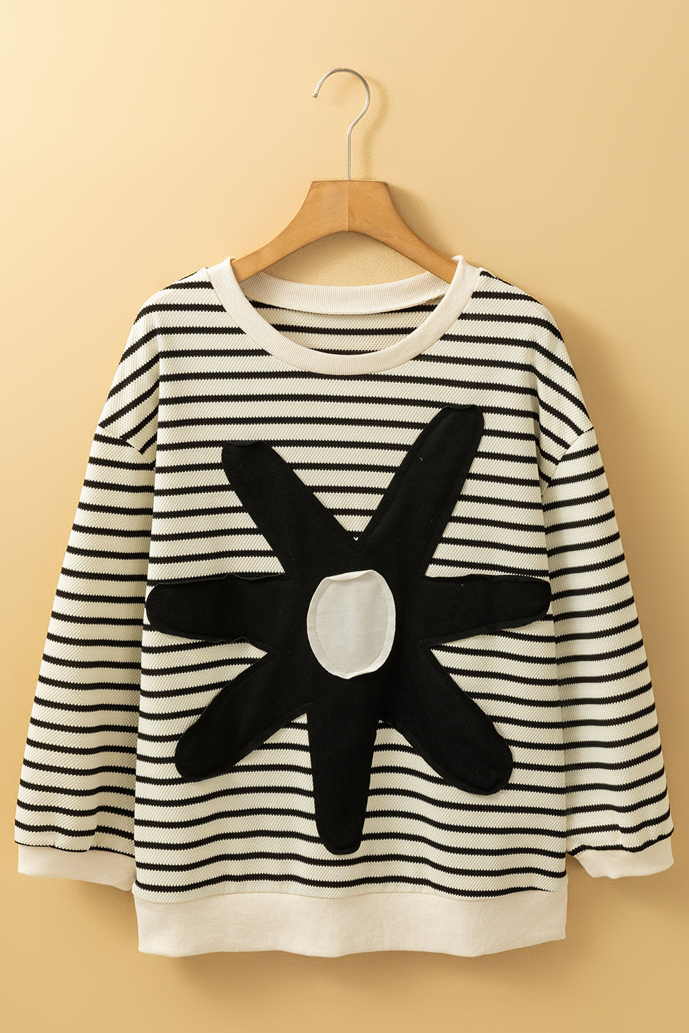 Striped Big Flower Patched 3/4 Sleeve Top