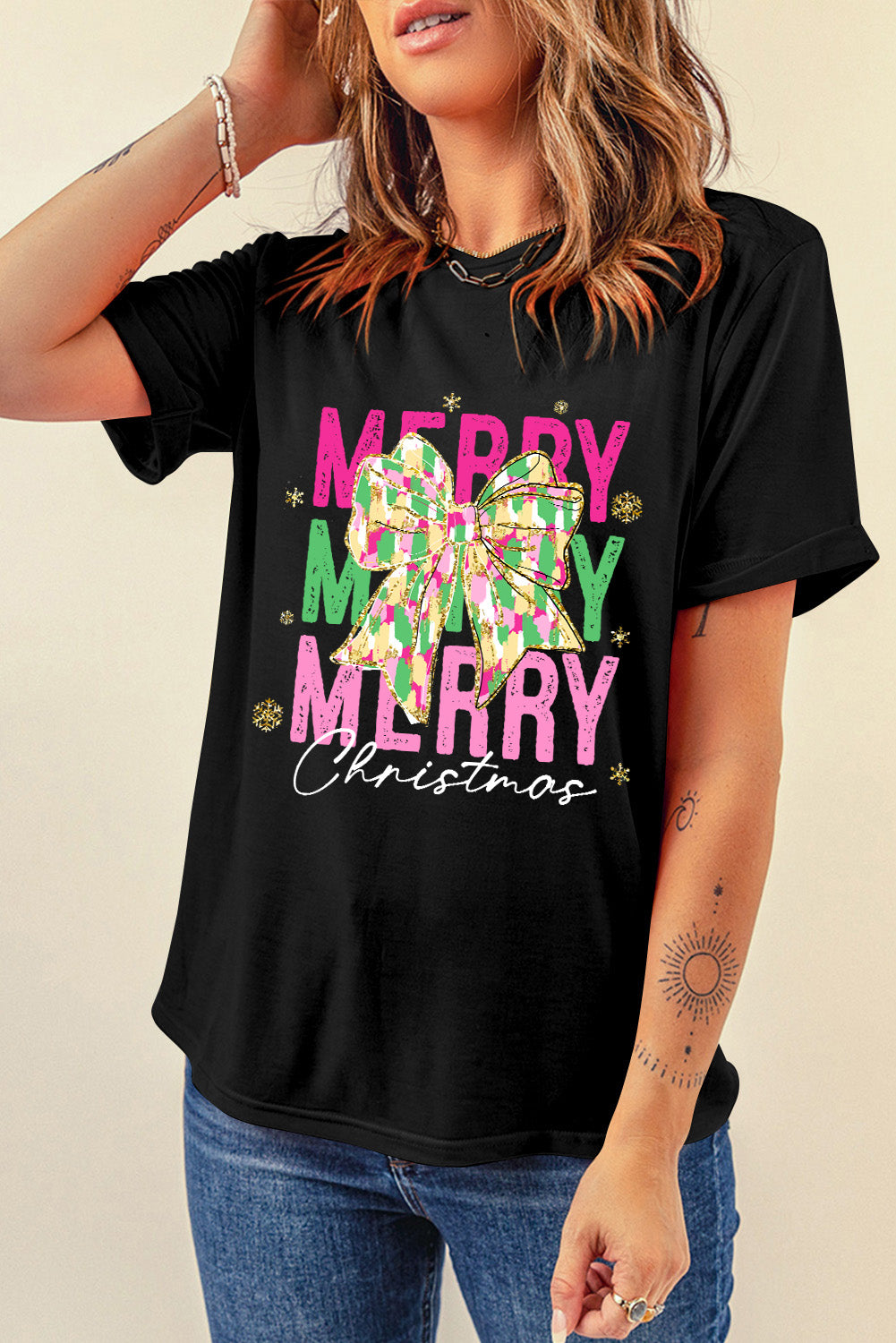 Merry Christmas Brushwork Bow Printed T Shirt