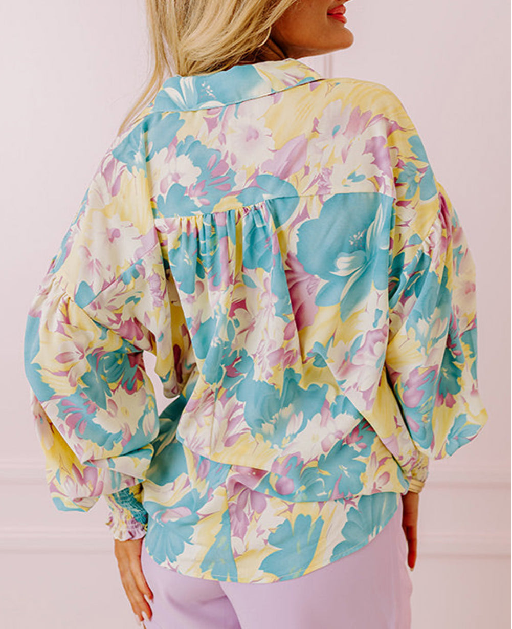 Floral Allover Print Shirred Cuff Oversized Shirt