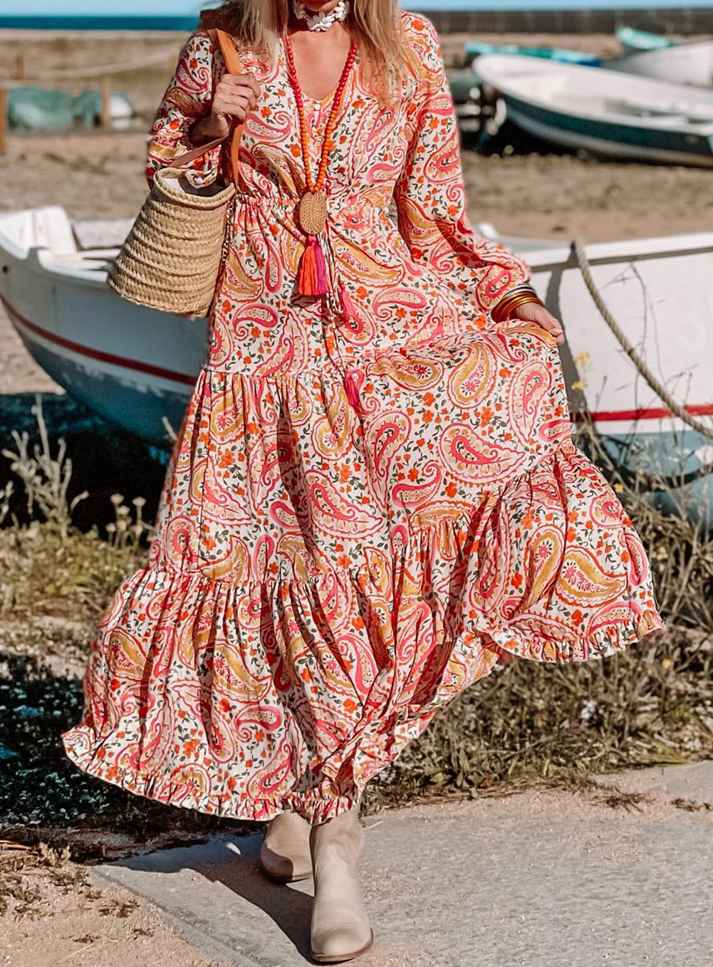 Boho Holiday Paisley Print Tiered Long Sleeve Maxi Dress