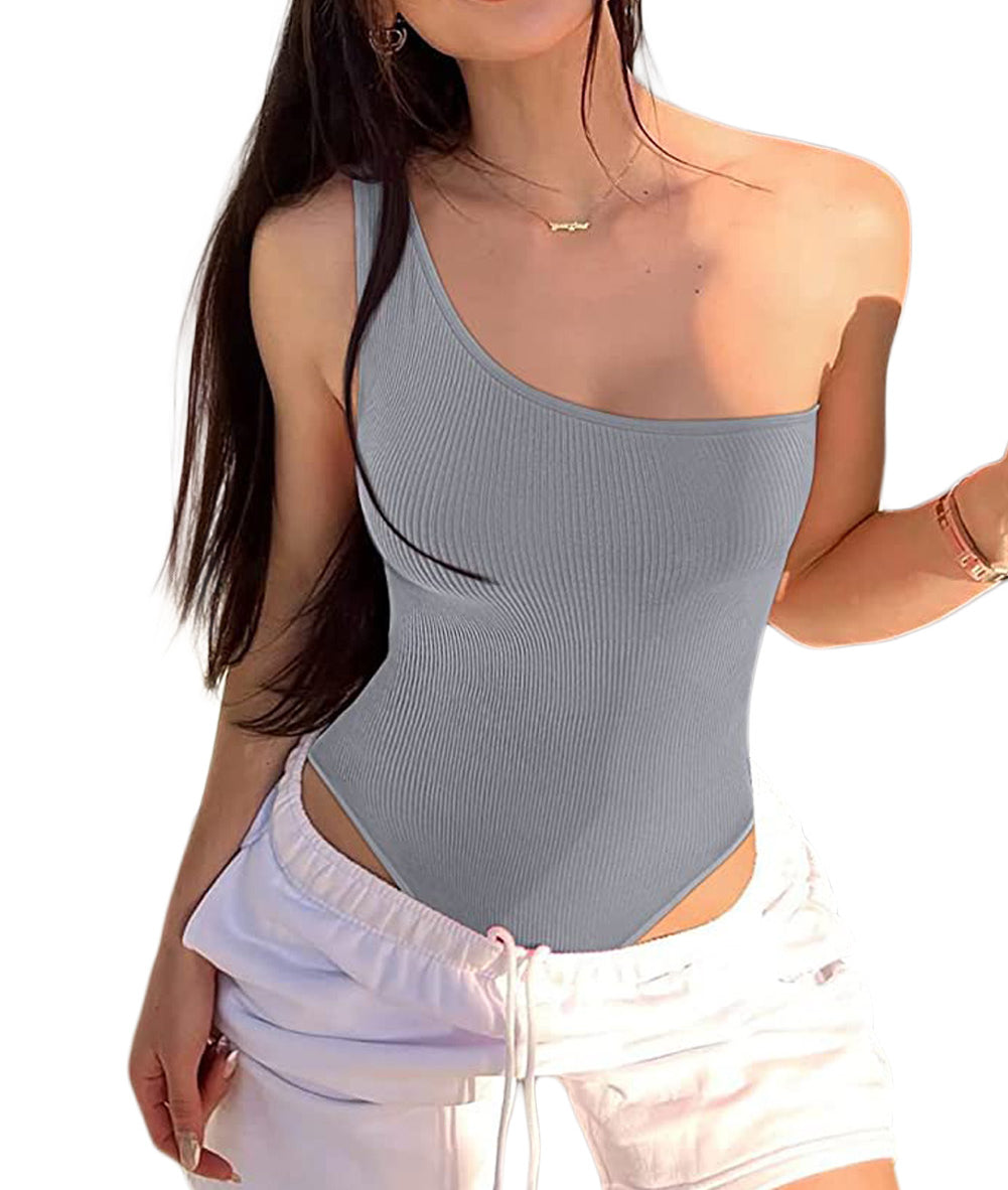 Ribbed Knit One Shoulder Sports Bodysuit