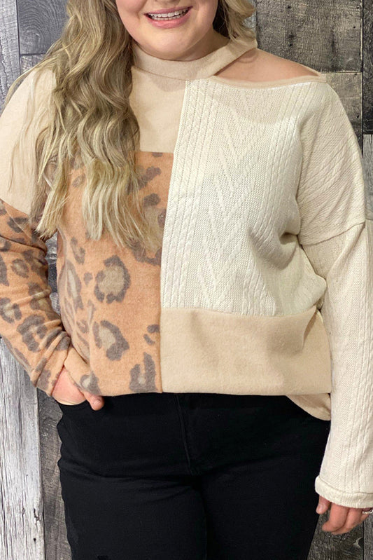 Leopard Cable Knit Mix Patchwork Cutout Plus Top