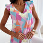 Pastel Geometric Print V-Neck Pleated Cap Sleeve Top