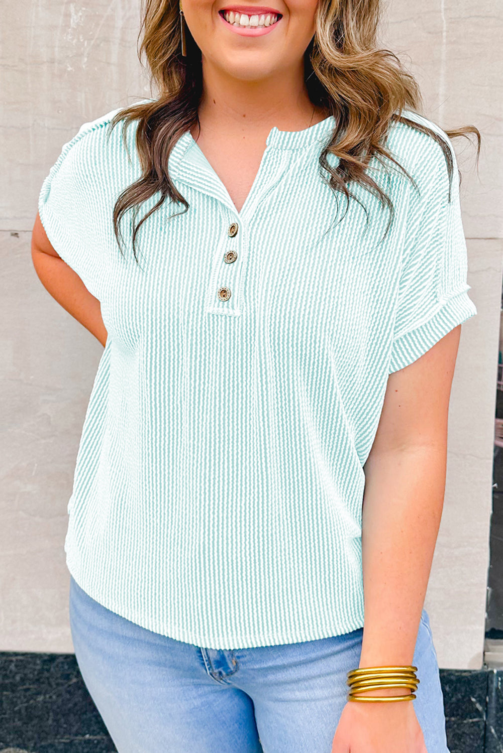 Plus Size Textured Henley T Shirt