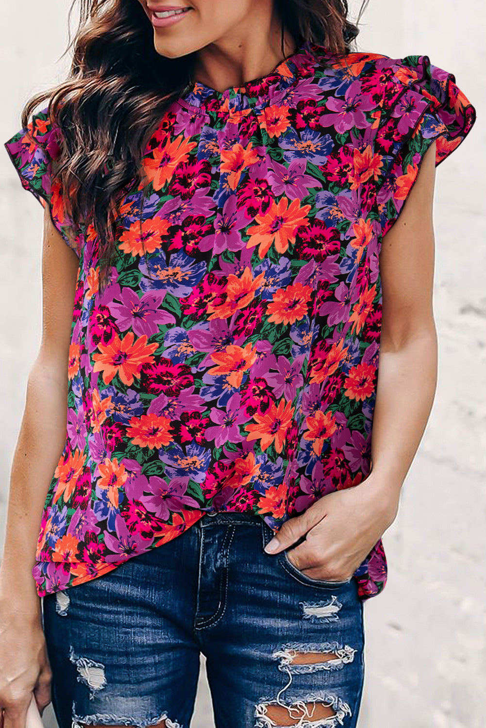 Floral Print Tiered Ruffled Sleeve Blouse