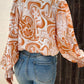 Floral Swirl Printed Bishop Sleeve Surplice Blouse