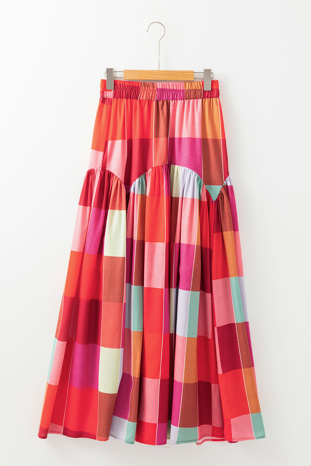 Plaid Print Ruched High Waist Casual Maxi Skirt