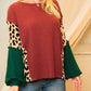 Leopard Splicing Waffle Color Block Puff Sleeve Top