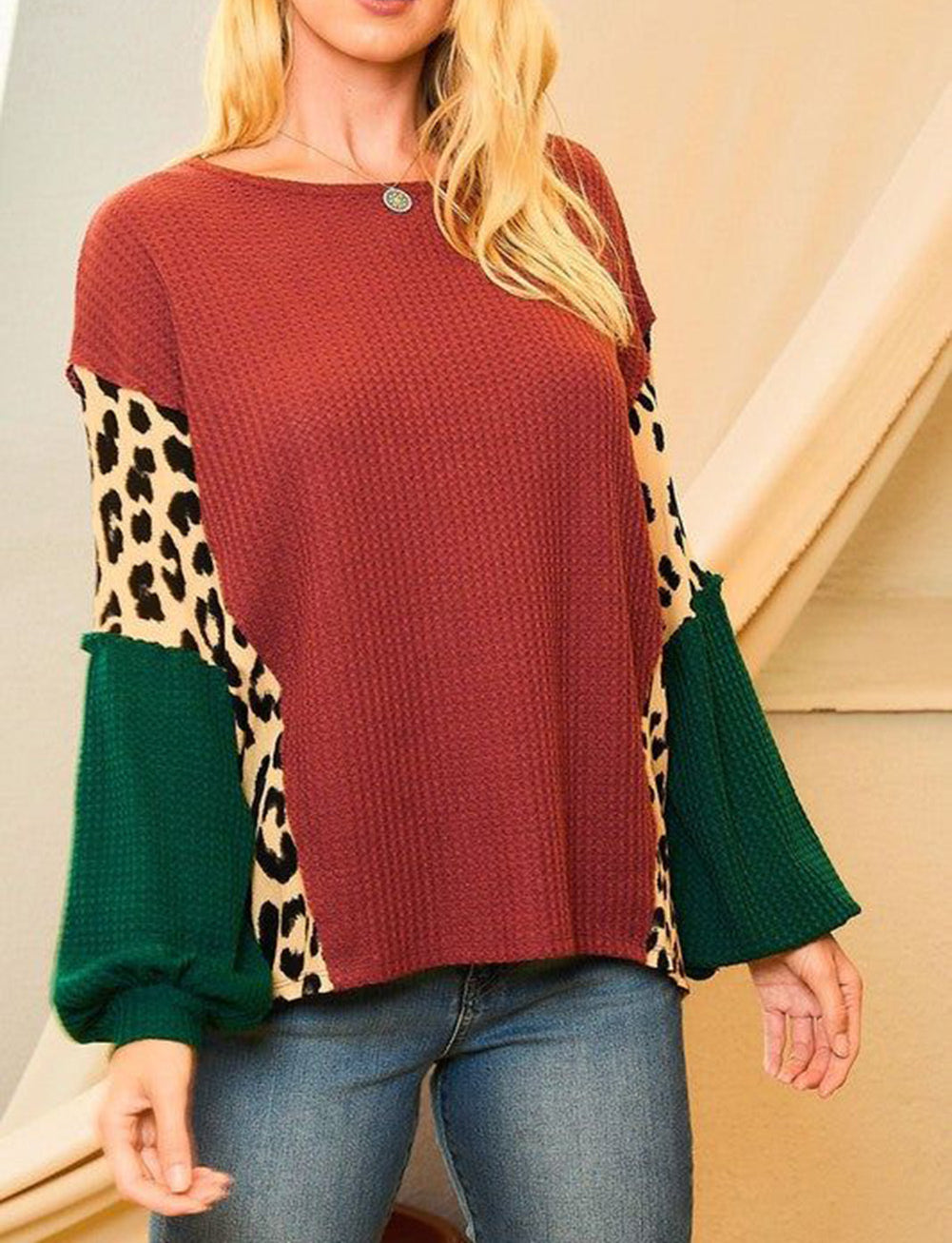 Leopard Splicing Waffle Color Block Puff Sleeve Top