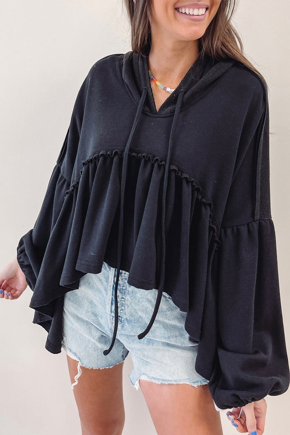 Oversized Ruffled High Low Hem Drop Shoulder Hoodie