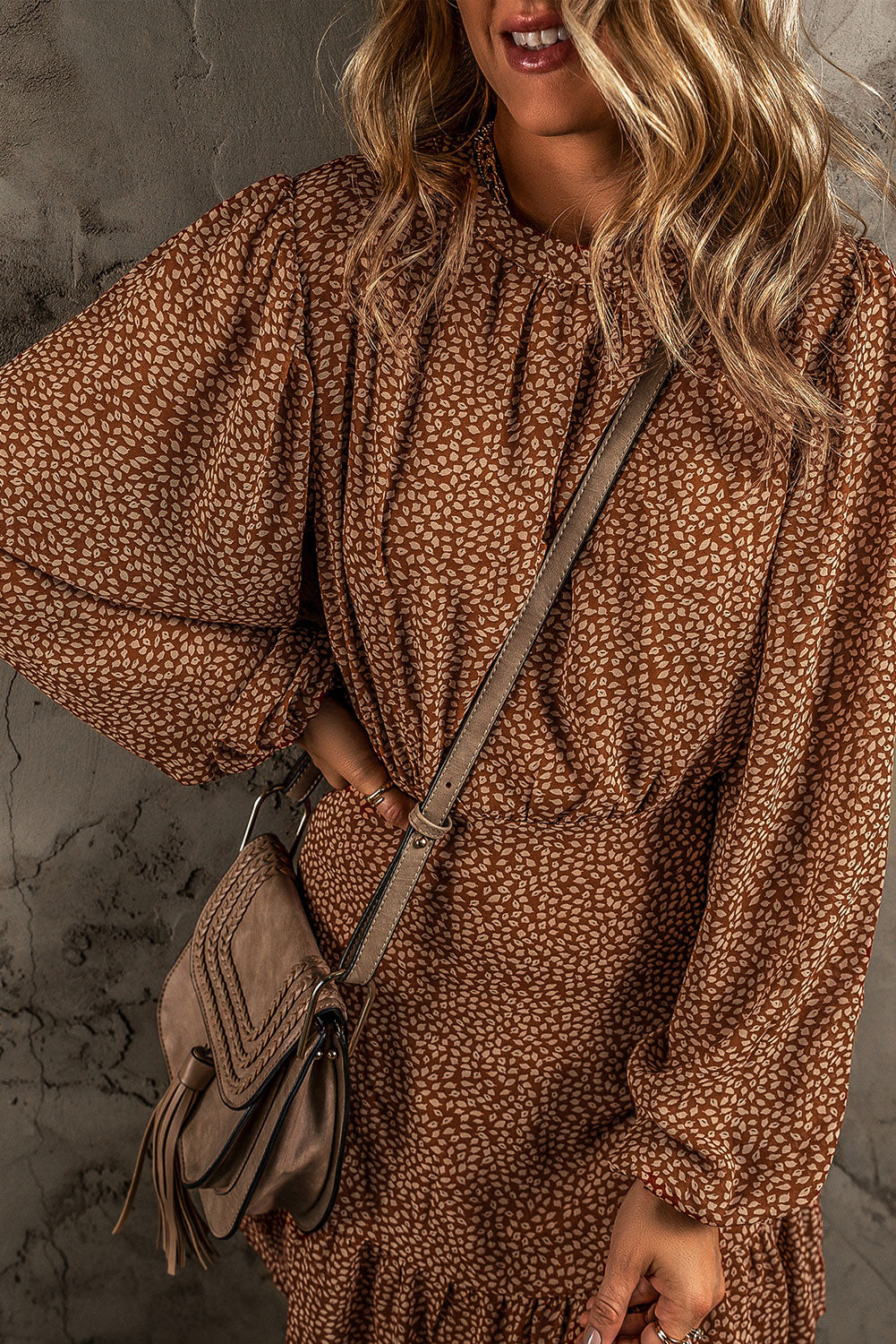 Leavy Print Long Sleeve Cinched Waist Ruffled Dress