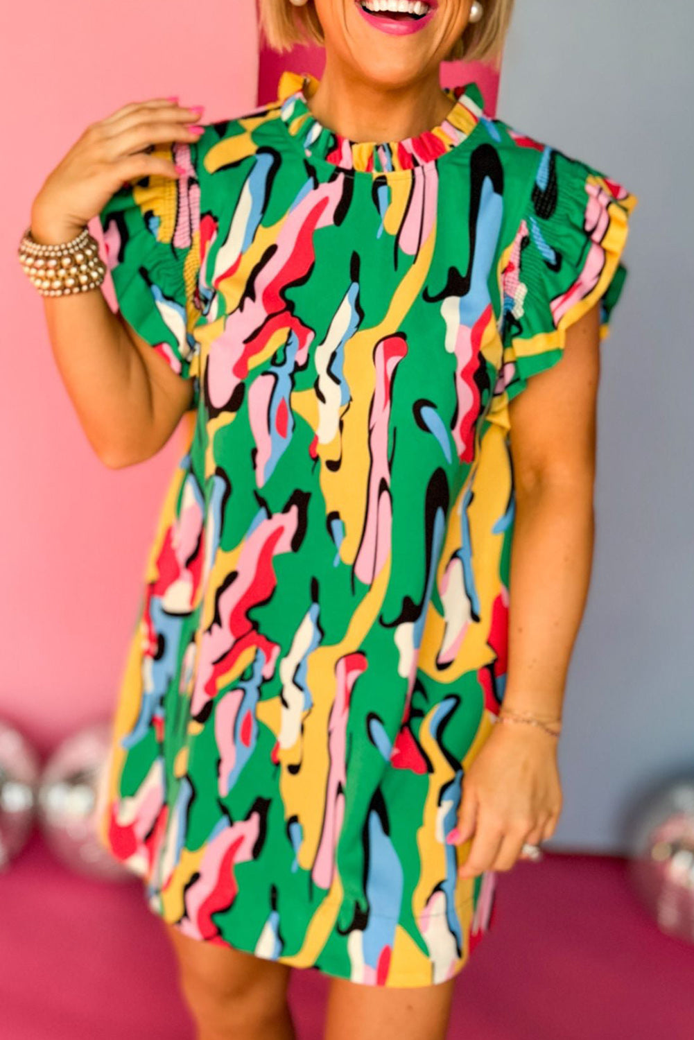 Abstract Print Frilled Neck Ruffled Sleeve Mini Dress