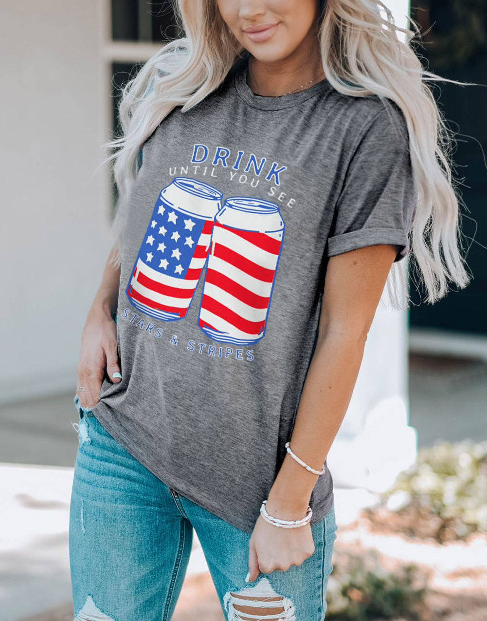 US Flag Slogan Graphic Print Short Sleeve T Shirt