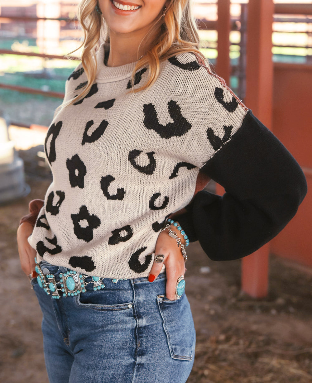 Leopard Print Colorblock Pullover Sweater