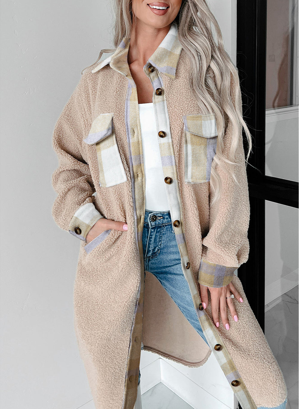 Plaid Patchwork Collared Button-up Sherpa Long Coat