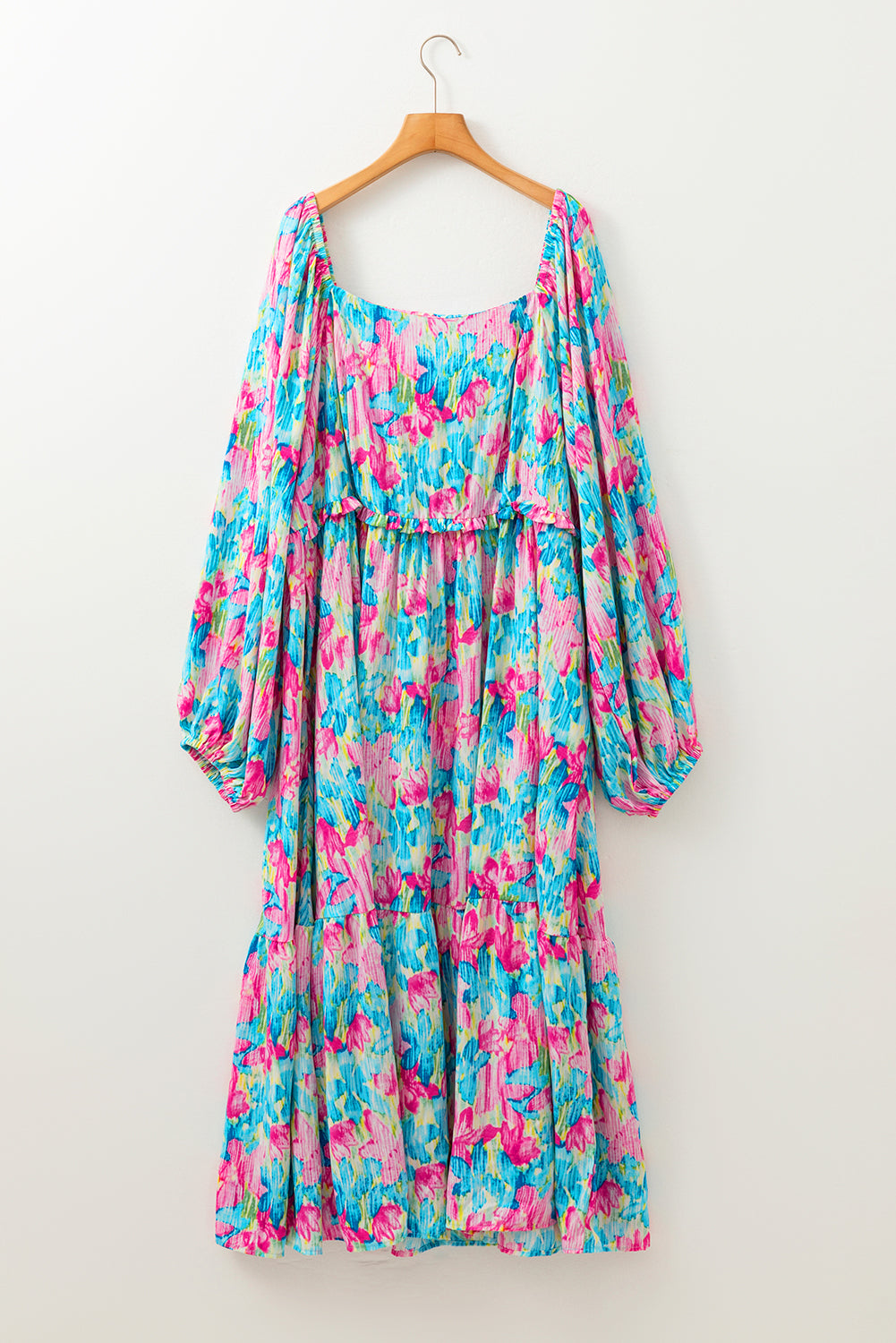 Floral Allover Print Shirred Square Neck Plus Size Maxi Dress