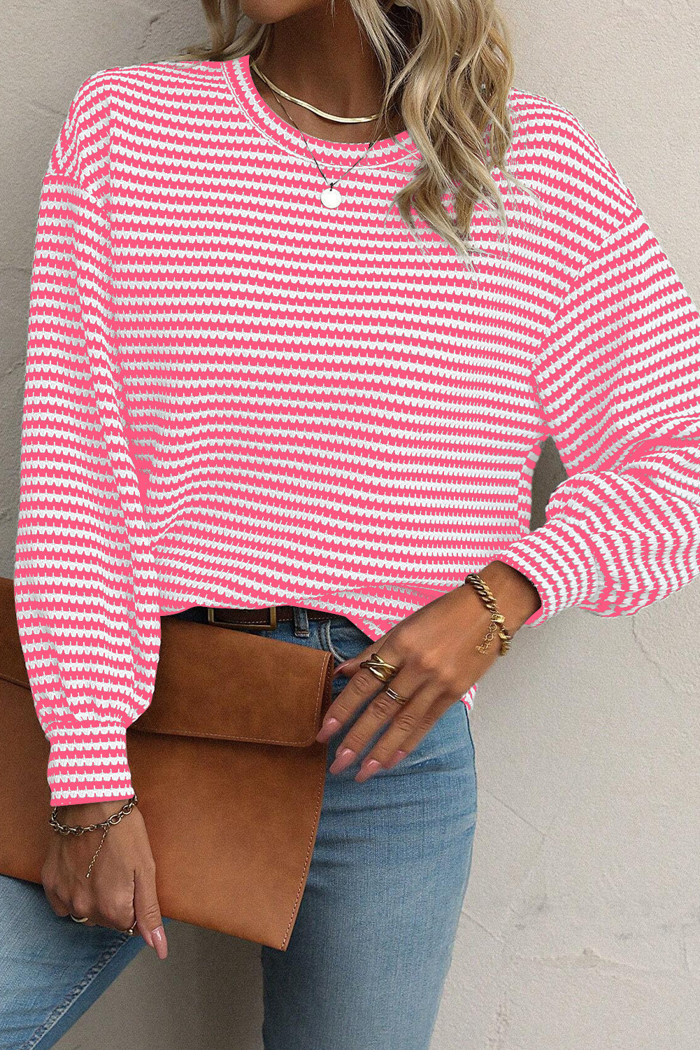 Stripe Round Neck Drop Shoulder Long Sleeve Top