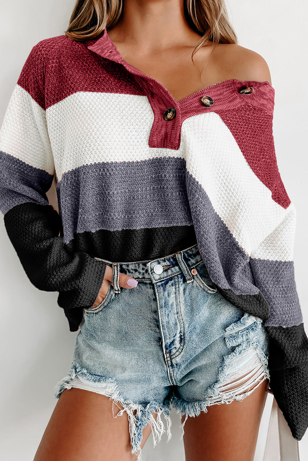 Loose Colorblock Knitted Henley Sweater