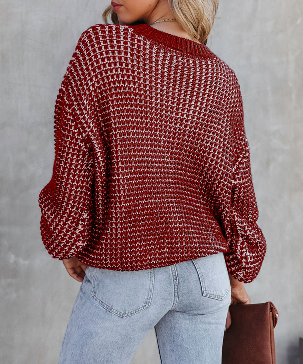 Heathered Knit Drop Shoulder Puff Sleeve Sweater