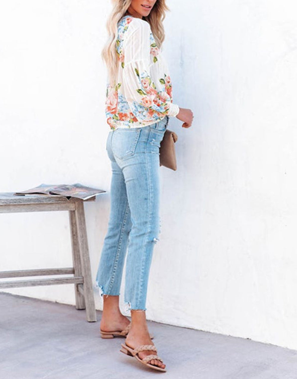 Floral Striped Print Smocked Lantern Sleeve Top