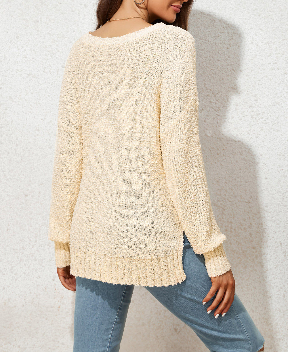 Beige Solid Fuzzy V-Neck Sweater