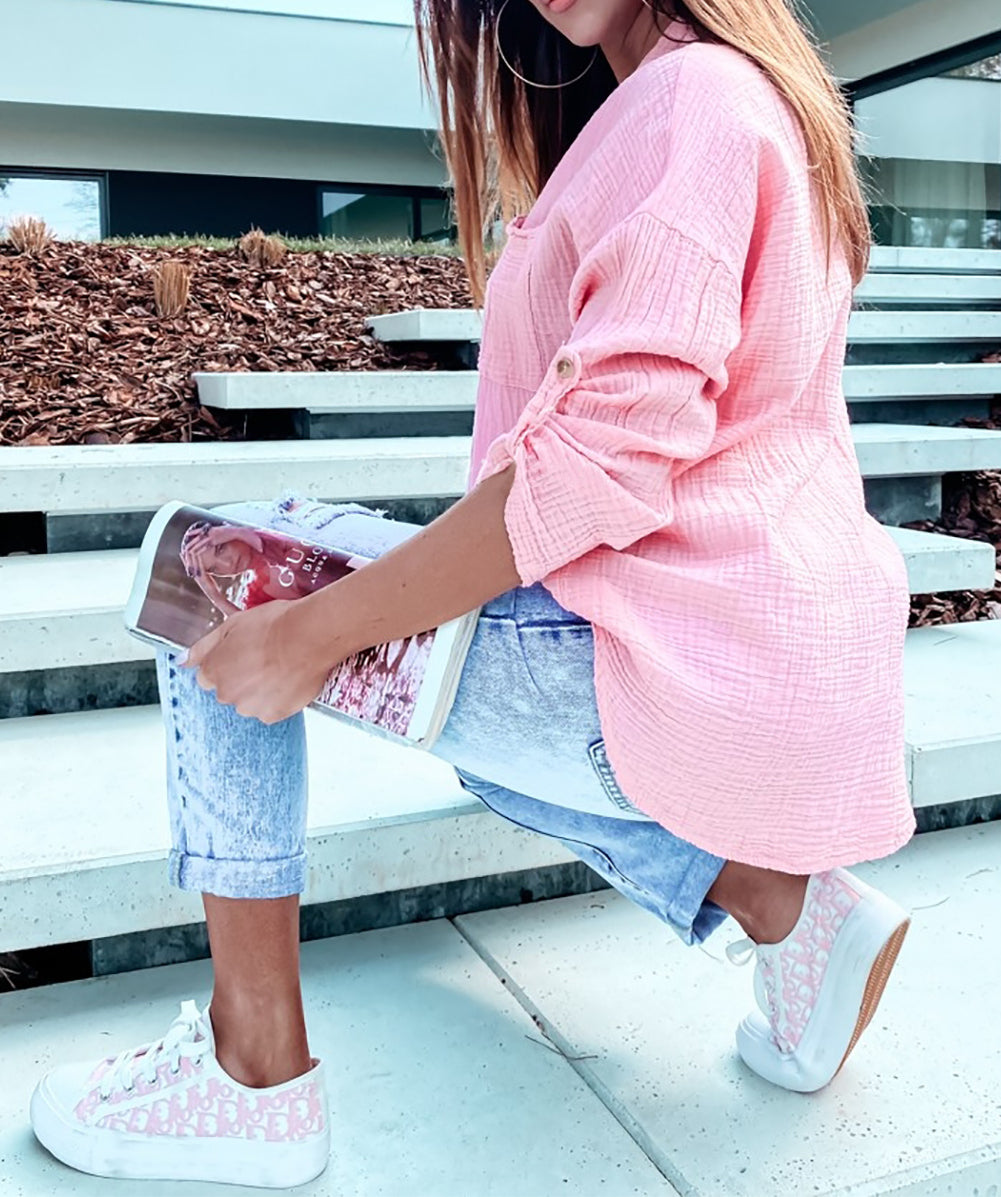 Crinkle Texture Roll-tab Sleeve Shirt