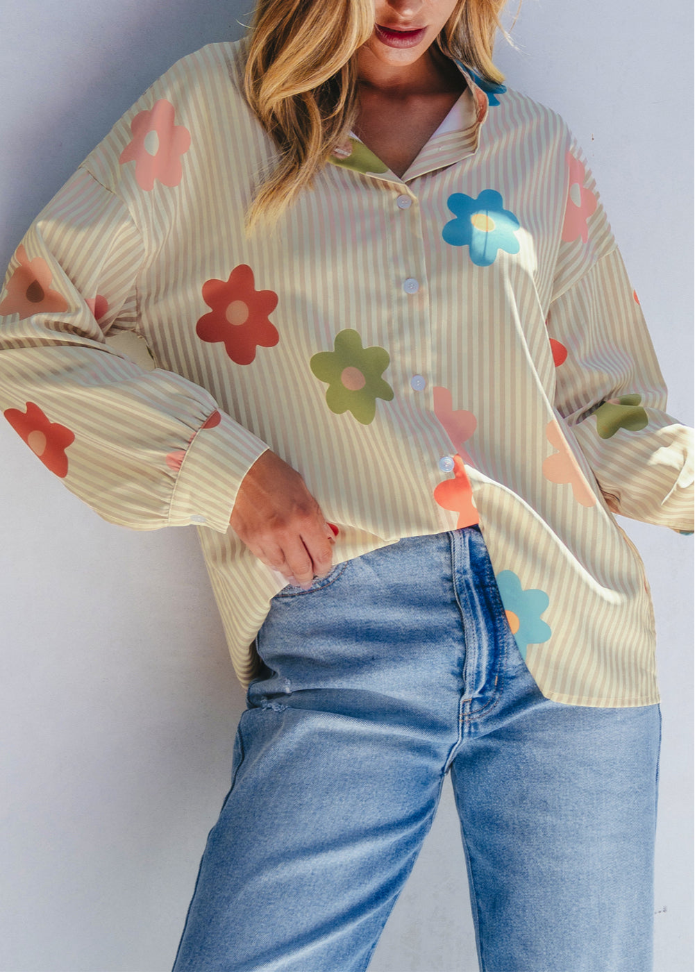 Stripe Flower Print Collared Button-up Loose Fit Shirt