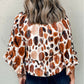 Metallic Threading Accents Pleated Abstract Printed Ruffled 3/4 Sleeve Blouse